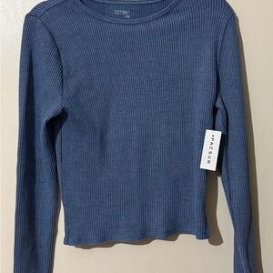 PacSun Women's Blue Ribbed Crewneck Long Sleeve Top